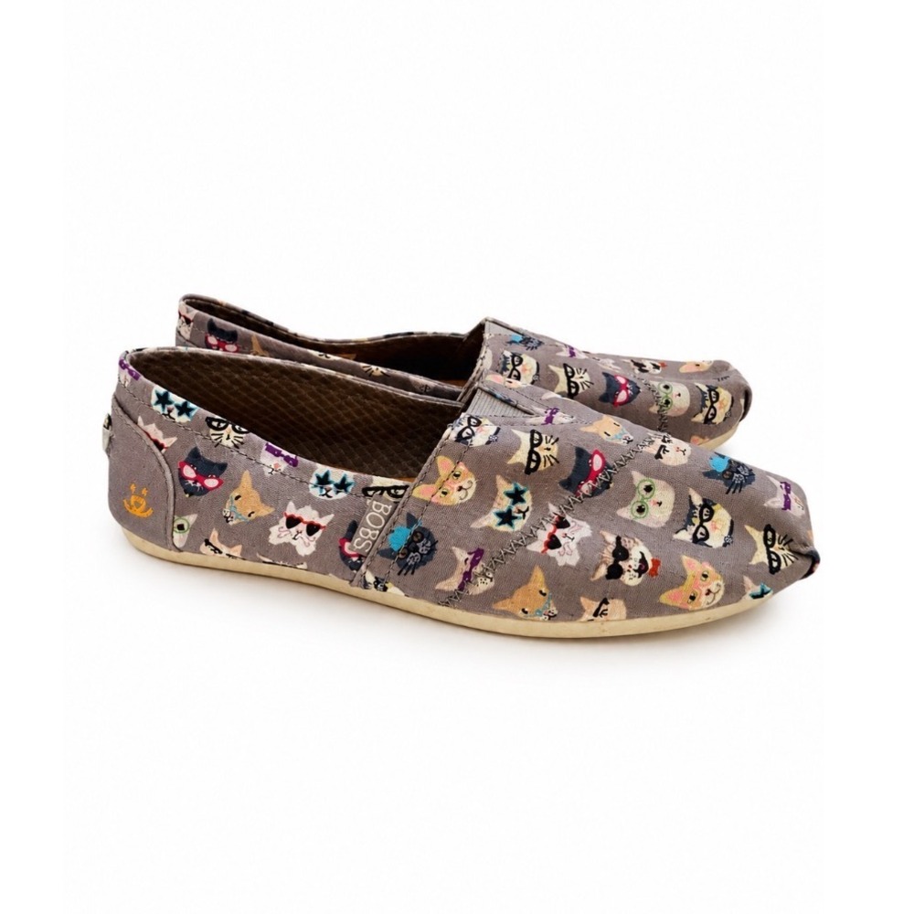 Skechers BOBS for Cats Grey Canvas Slip On Flats Glasses Print Shoes‎ sz 8